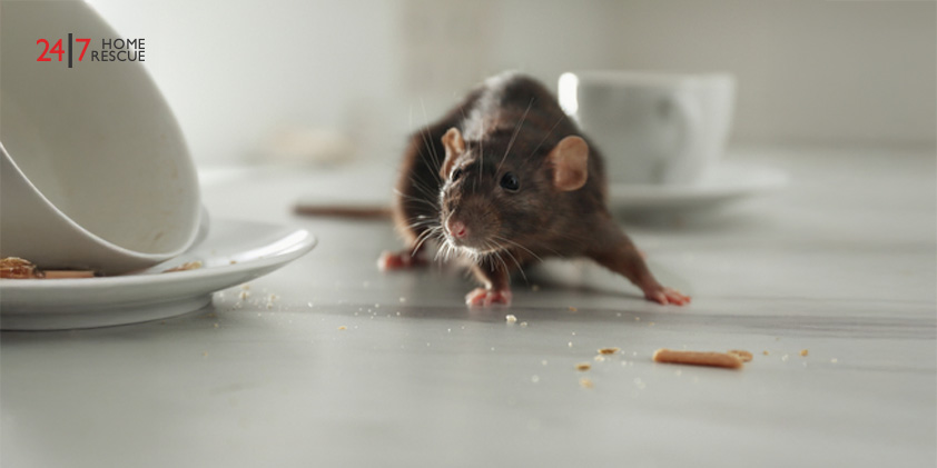 Are Tenants or Landlords Responsible for Pest Control? A rat beside a pile of dirty dishes on an indoor table