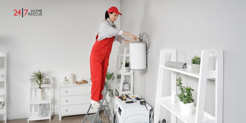 How Much Does a Boiler Service Cost in 2026? Female technician using a wrench to repair an electric boiler in a bathroom