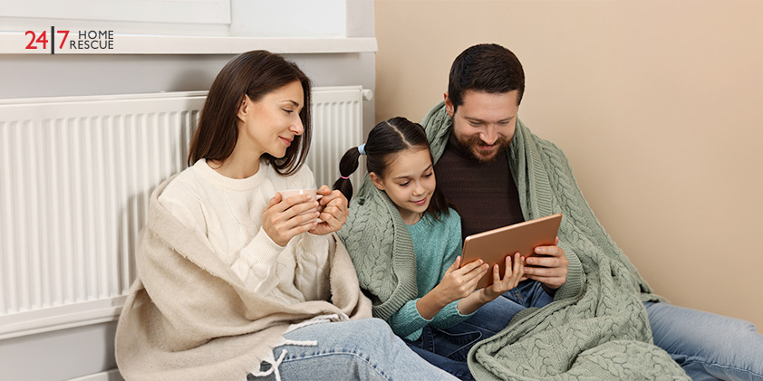 Family wrapped in blankets sitting by radiator