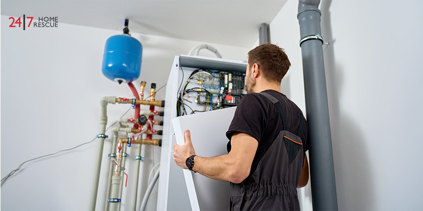 Engineer checking boiler size in home