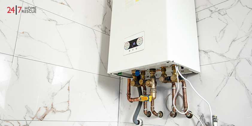 Wall mounted combi boiler in home
